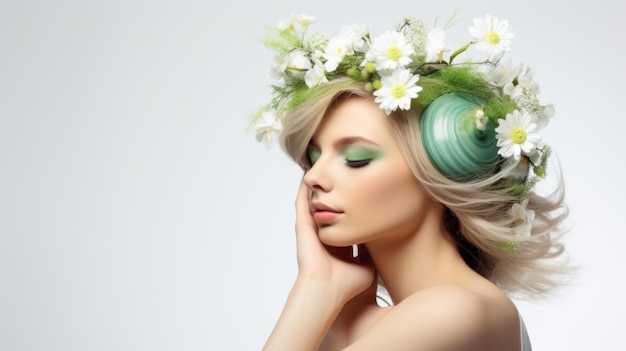 garota de beleza com flores brancas e ovos de Páscoa verdes decorado coroa penteado isolado em si branco