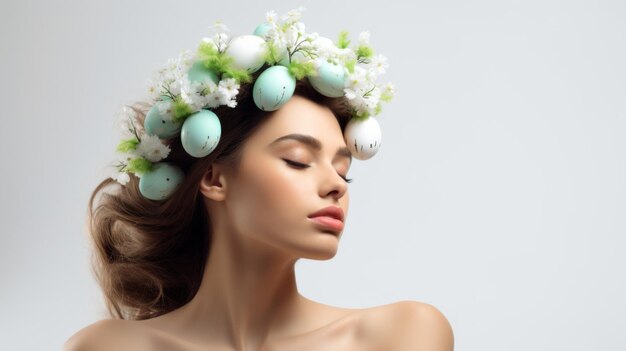 garota de beleza com flores brancas e ovos de Páscoa verdes decorado coroa penteado isolado em si branco