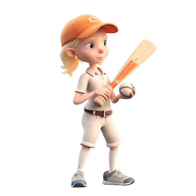 Garota de boné de beisebol com taco em uma renderização 3d de fundo branco