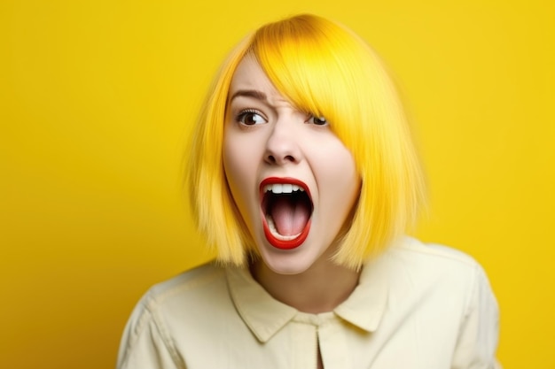 Garota de cabelo amarelo com raiva e louca gritando frustrada e furiosa gritando Generative AI