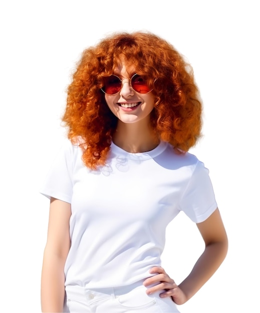Garota de cabelo ruivo em camiseta branca em branco posando em maquete de fundo branco para loja de impressão de camiseta