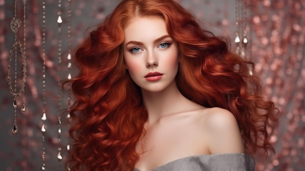 Garota de cabelos ruivos compridos e cacheados Ilustração AI GenerativexD