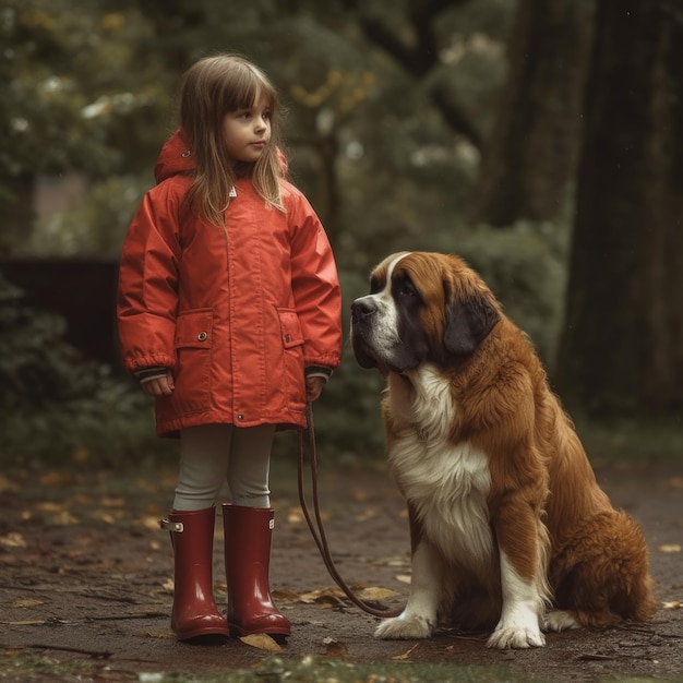 Foto garota de casaco vermelho segurando cachorro na floresta