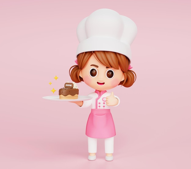 Foto garota de chef bonita de uniforme segurando o logotipo de personagem de mascote de restaurante de padaria de bolo de chocolate em fundo rosa desenho de ilustração 3d