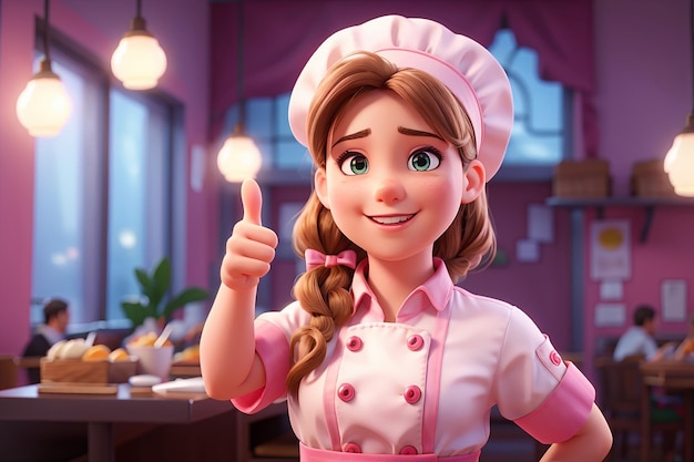 garota de chef bonita em uniforme mostrando polegares para cima sinal de restaurante mascote personagem logotipo em fundo rosa desenho animado 3D