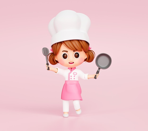 Foto garota de chef bonitinha de uniforme segurando o logotipo de personagem de mascote de restaurante pan e turner em fundo rosa desenho de ilustração 3d