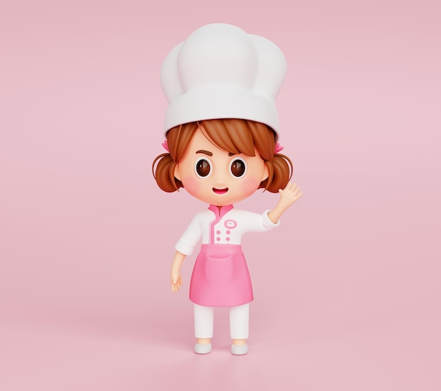 Garota de chef bonito de uniforme acenando dizendo olá feliz e sorridente ou gesto de boas-vindas logotipo de personagem de mascote de restaurante em fundo rosa 3d ilustração dos desenhos animados