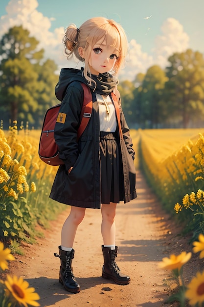 Garota de desenho animado andando e tirando fotos no caminho do campo de girassol de crisântemo amarelo estilo anime