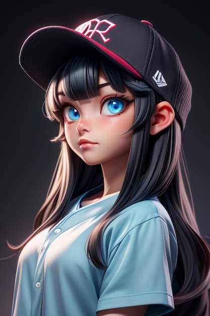 garota de desenho animado bonita com olhos grandes azuis usando um chapéu e camiseta de manga curta personagem de anime legal