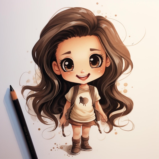Foto garota de desenho animado com cabelo longo e uma mochila de pé ao lado de um lápis generativo ai