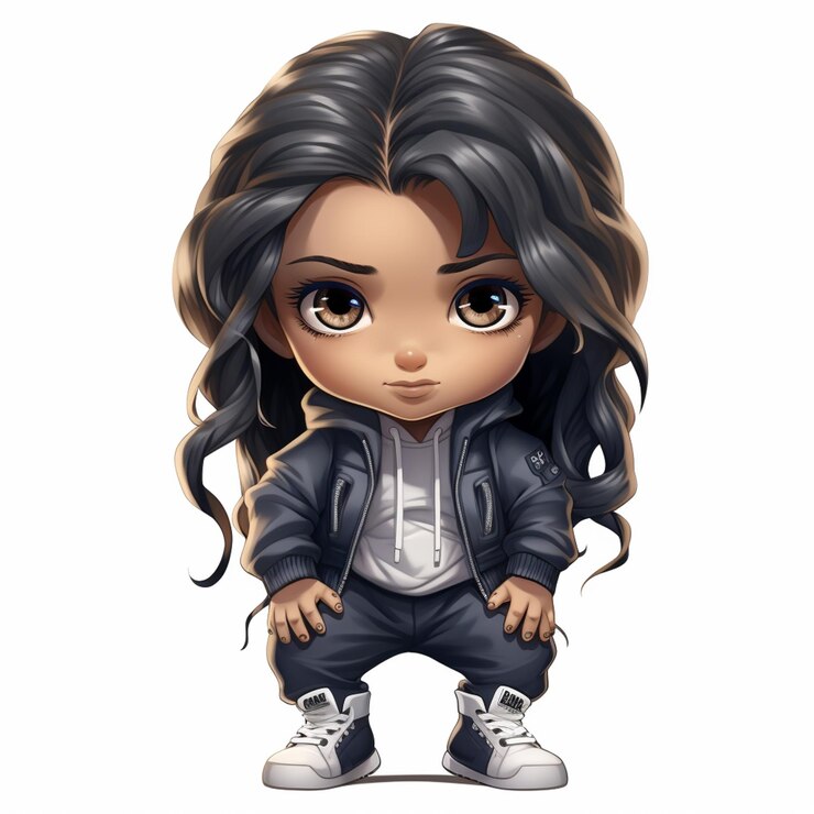 Foto garota de desenho animado com cabelo preto longo e uma jaqueta de couro generativa ai