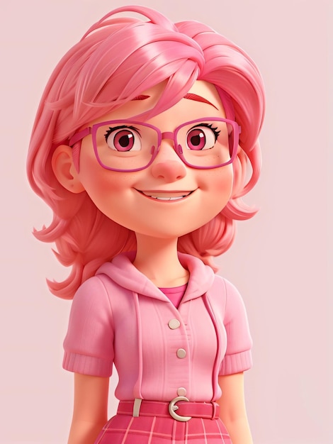 Garota de desenho animado com cabelo rosa e óculos