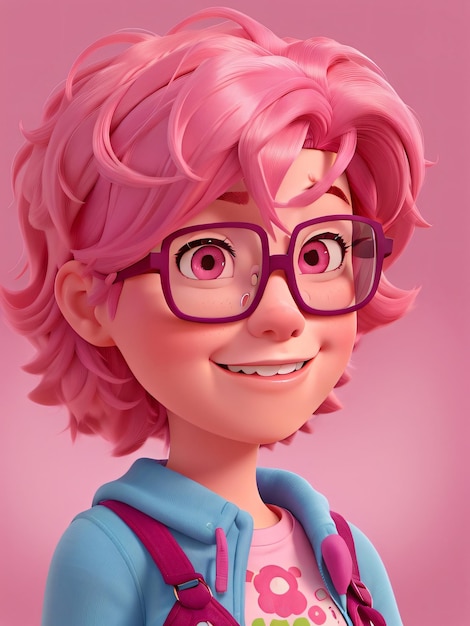 Garota de desenho animado com cabelo rosa e óculos
