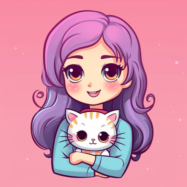 garota de desenho animado com cabelo roxo segurando um gato generativo ai