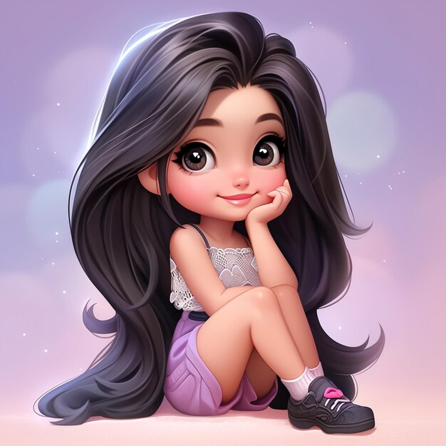 Foto garota de desenho animado com cabelos longos e pretos sentada no chão