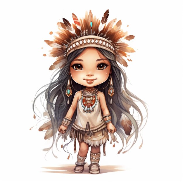 garota de desenho animado com cabelos longos vestindo headdress indiano nativo generativo ai