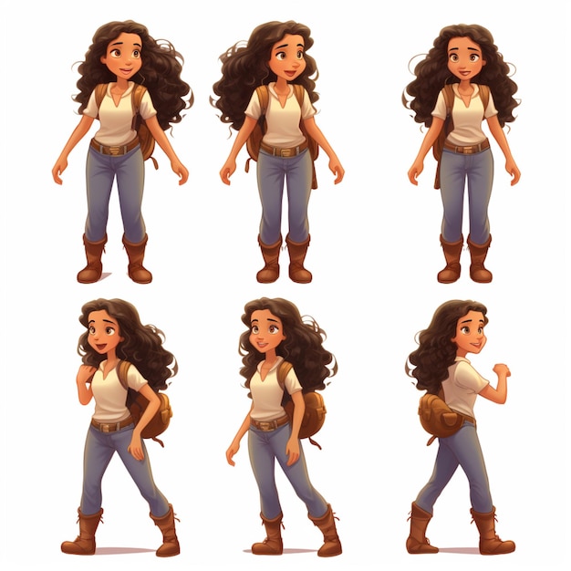 garota de desenho animado com diferentes poses de um mochileiro generativo ai