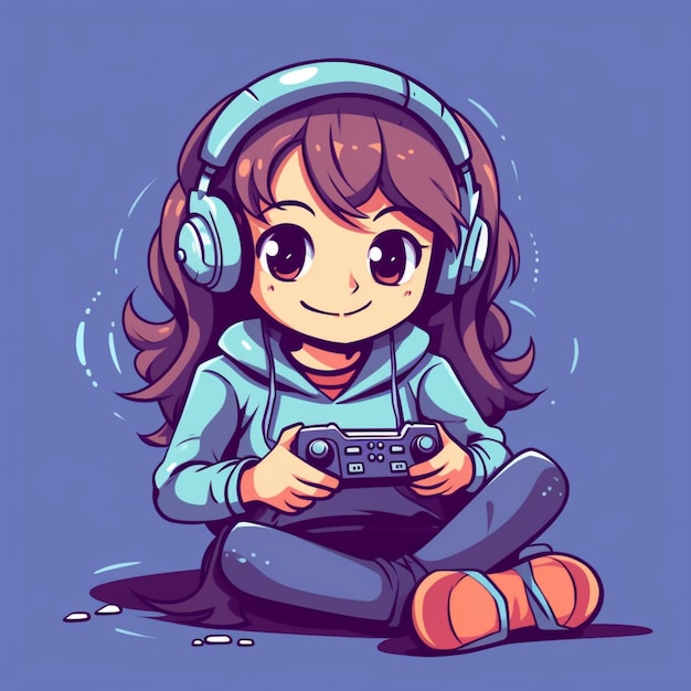 garota de desenho animado com fones de ouvido jogando videogame generative ai