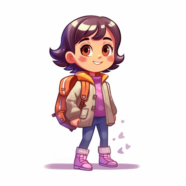 garota de desenho animado com mochila e botas de pé na frente de um fundo branco generativo ai