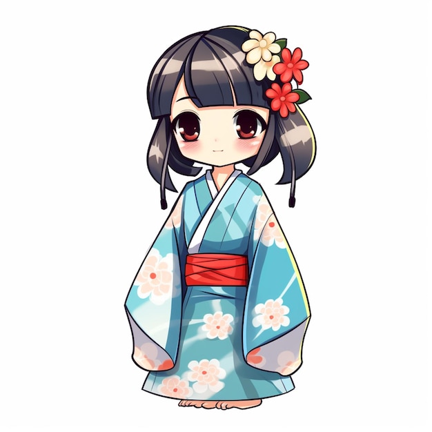 garota de desenho animado em uma roupa de kimono com uma flor em seu cabelo generativa ai