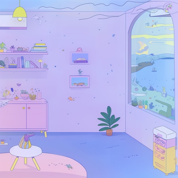 garota de desenho animado em uma sala com um tapete rosa e uma gaveta rosa generativa ai
