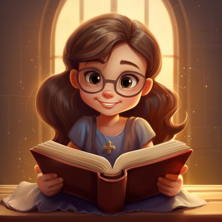 Foto garota de desenho animado lendo um livro em uma igreja generativa ai