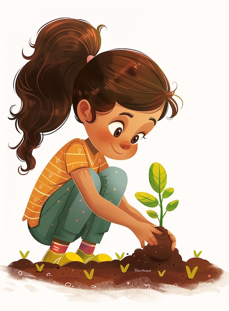 Foto garota de desenho animado plantando planta terra ilustração fonte crescimento futuro biotecnologia jovem corajoso