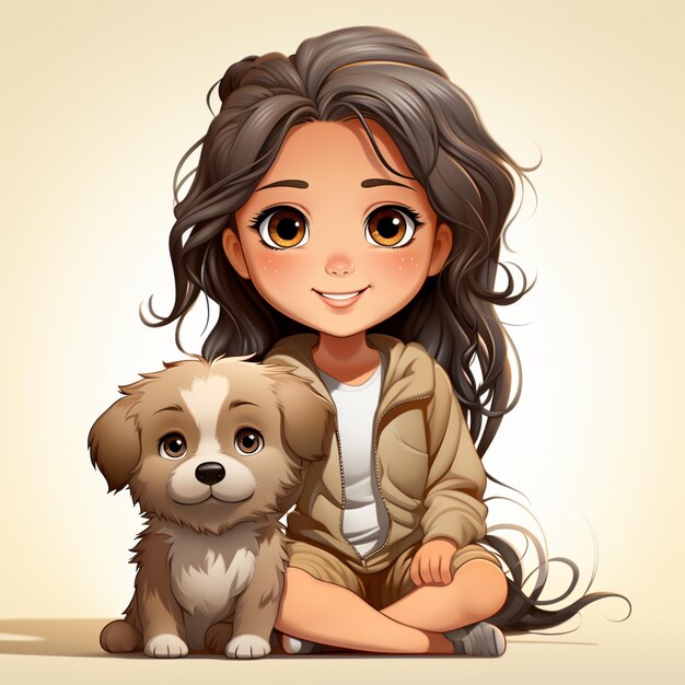 Foto garota de desenho animado sentada no chão com um cachorro generativo ai