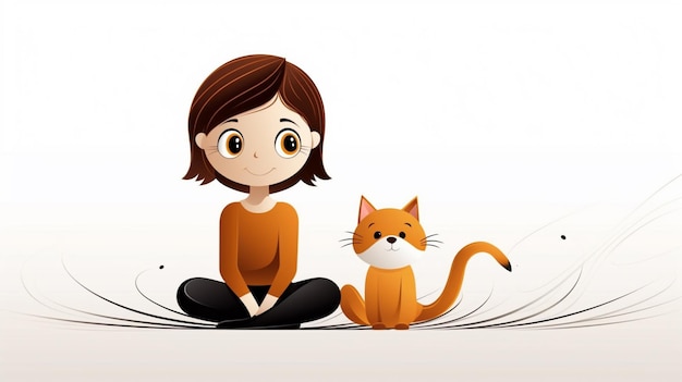 Foto garota de desenho animado sentada no chão com um gato e uma cometa