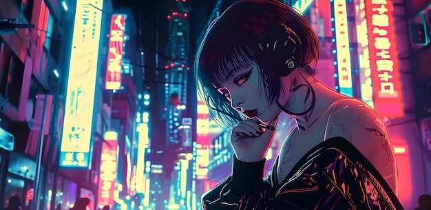 garota de estilo anime olhando para a câmera em uma cidade cyberpunk cheia de sinais de néon