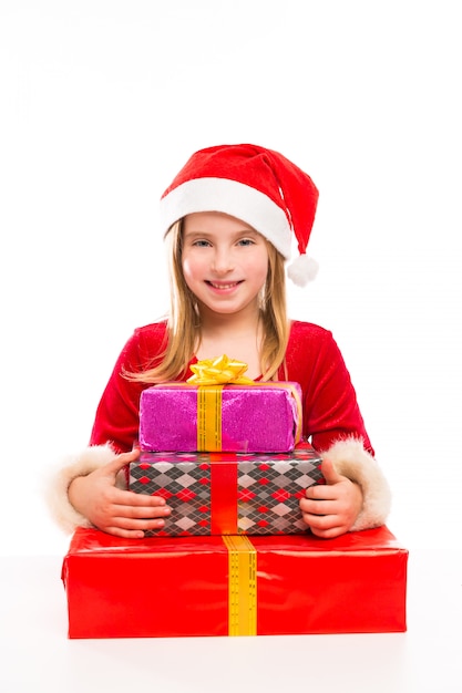 Garota de garoto de Natal Papai Noel feliz animado com presentes de fita