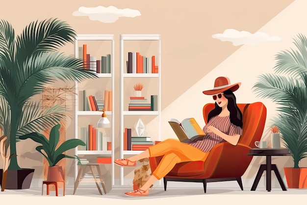 garota de ilustração de arte com livros dentro da casa