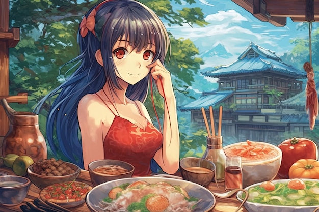 Garota de mangá apaixonada por comida com olhos arregalados embarcando em aventuras culinárias e descobrindo novas delícias saborosas Ilustração de anime generativa ai