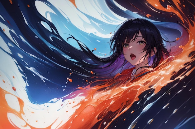 Garota de mangá de anime em uma ilustração de vórtice de cores do arco-íris generativa ai
