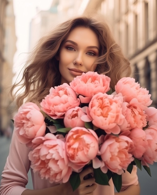 garota de moda com um grande buquê de flores de peônias rosas na rua