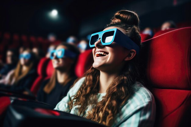 Garota de óculos 3D rindo no cinema