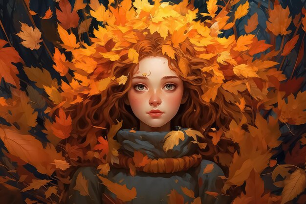 garota de outono com folhas na cabeça em estilo de desenho animado