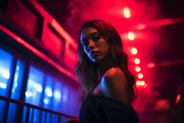 Garota de pé em uma boate com luzes vermelhas de néon brilhantes coloridas e fumando