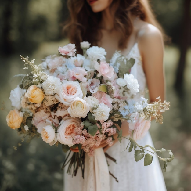 Garota de pé na natureza segurando um buquê de flores