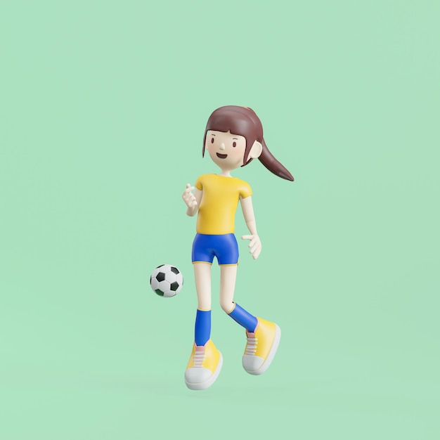 Garota de personagem de desenho animado de futebol apresenta renderização em 3d