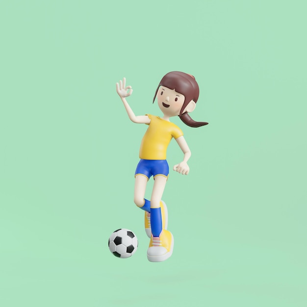 Garota de personagem de desenho animado de futebol apresenta renderização em 3d