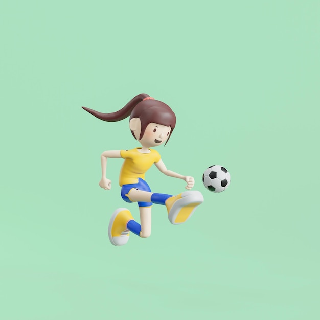 Garota de personagem de desenho animado de futebol apresenta renderização em 3d