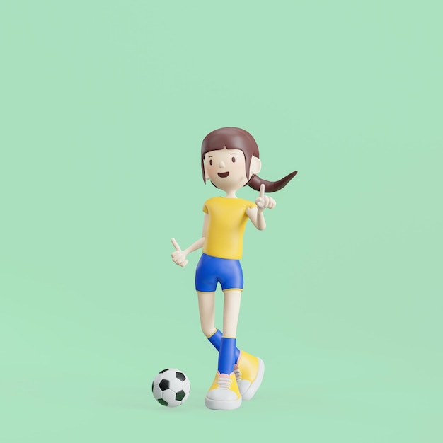 Garota de personagem de desenho animado de futebol apresenta renderização em 3d