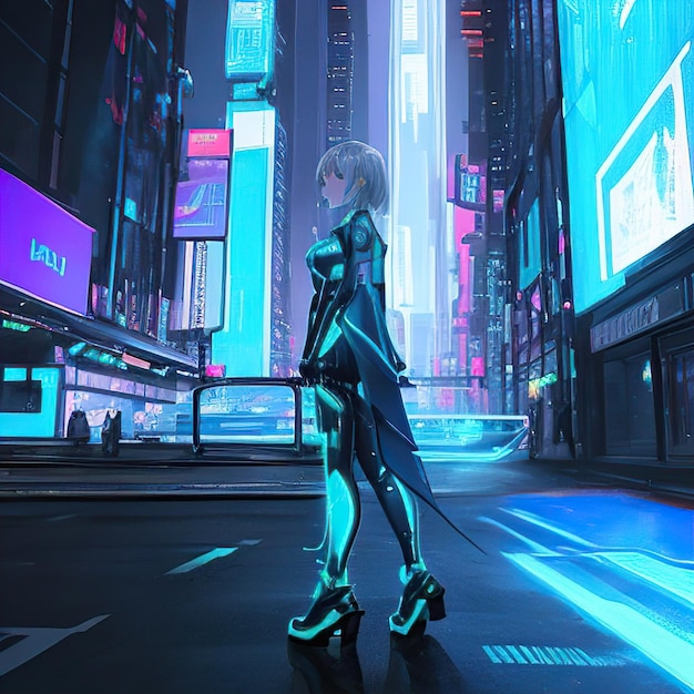 Garota de roupa branca caminha por uma cidade cyberpunk