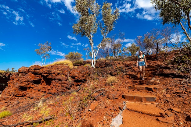 garota de shorts caminhando no parque nacional karijini, austrália ocidental, caminhando à beira de um desfiladeiro