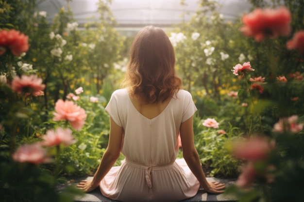 Garota de trás fazendo ioga no jardim da primavera Grama e flores ao redor da ilustração gerada por IA