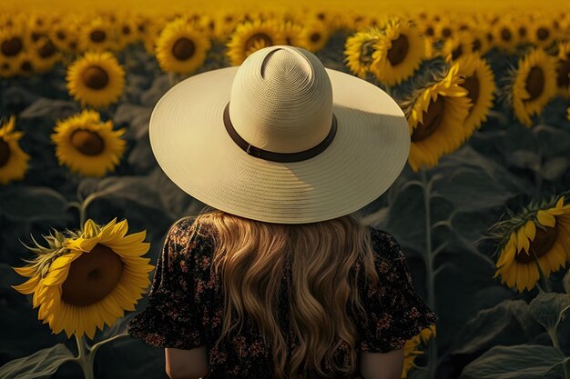 Garota de vestido colorido e chapéu de verão em pé no campo de girassóis amarelos