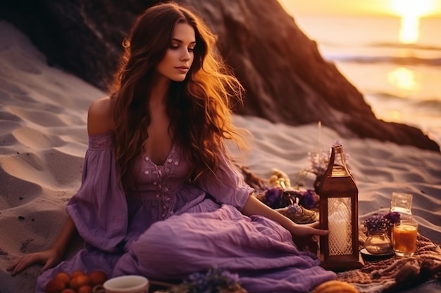 garota de vestido roxo no piquenique na areia na praia no pôr do sol no estilo boho