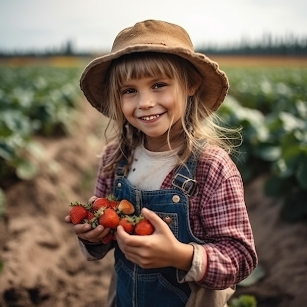 Garota do campo com morangos autocultivados generative ai