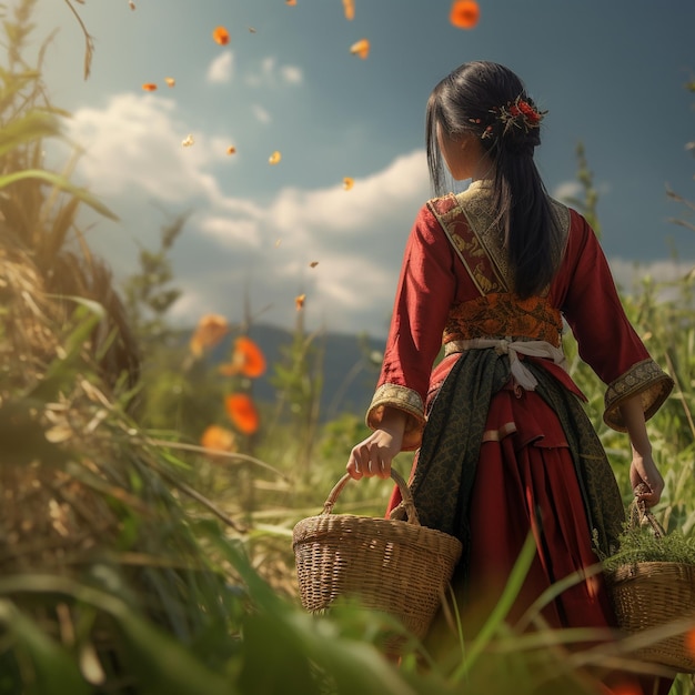 garota em um campo de trigo com flores e um fundo de céu